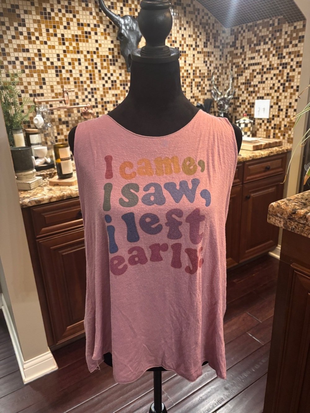 Light Pink Graphic Muscle Tank Top with Retro Text